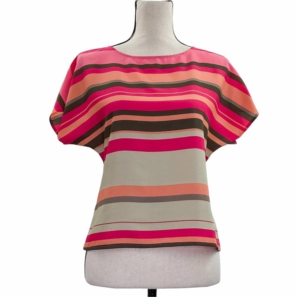 ANN Taylor LOFT Pink Sunset Striped Short Dolman Sleeve Crew Neck Blouse